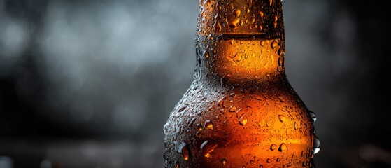 Poster - Close up of a refreshing amber beer bottle adorned with glistening water droplets against a blurred background capturing the essence of a cold beverage in a studio shot