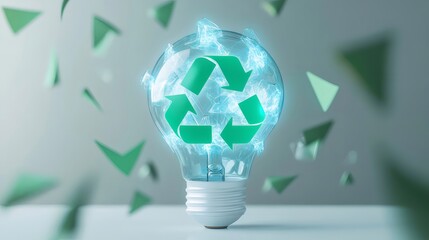 Poster - 光るリサイクルシンボルが輝く電球デザイン 環境保護と持続可能性の未来概念を表現したイメージ