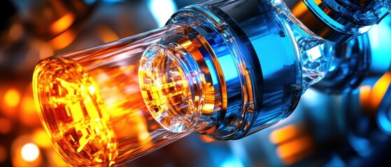 Poster - Abstract close up of a glass object with vibrant orange and blue lights creating a futuristic and dynamic visual effect with a smooth background