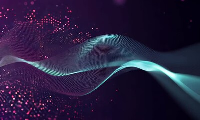 Fototapete - Abstract digital wave of glowing particles and energy flows with futuristic motion in a dark background.