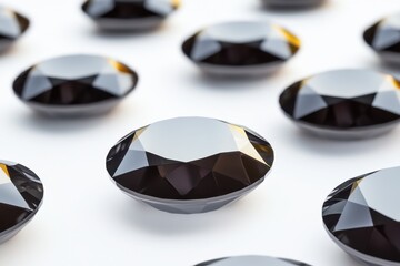 Poster - Captivating Array of Black Diamonds on Pristine White Background Showcasing Facets and Reflections in a Clean Minimalist Style for Luxury and Elegance