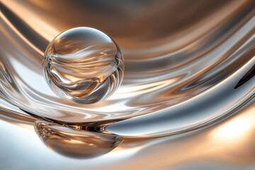 Poster - Clear glass sphere resting on a smooth reflective surface with swirls of color