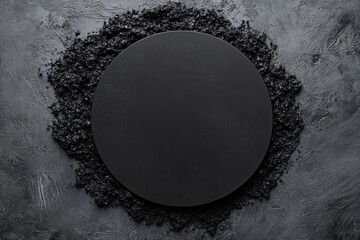 Poster - Dark monochrome composition featuring a smooth black circle surrounded by textured granules on a concrete background creating a minimalist and elegant visual