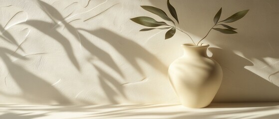 Poster - Serene botanical composition of vase with leaves casting shadows on textured wall in soft neutral light