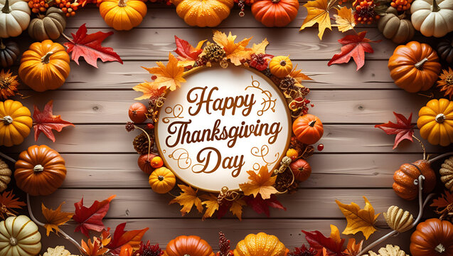 Wooden background with beautiful thanksgiving decor. Autumn Pumpkin Leaf and Fruit Border of happy thanksgiving day.