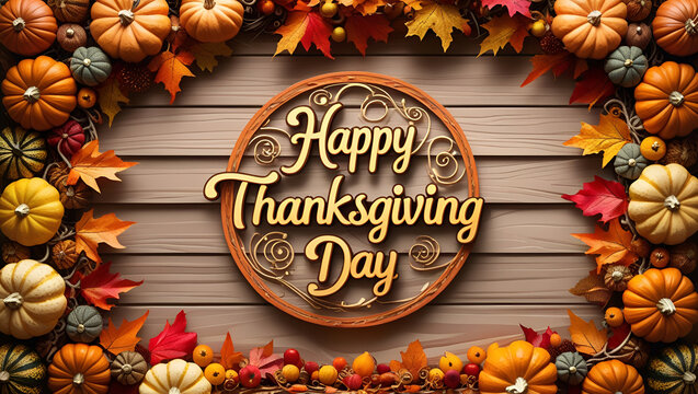Wooden background with beautiful thanksgiving decor. Autumn Pumpkin Leaf and Fruit Border of happy thanksgiving day.