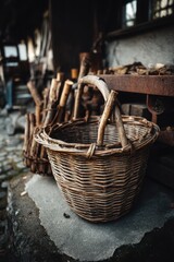 Poster - Rustic Woven Basket on Stone Platform in Vintage Setting Capturing Rural Charm and Artisanal Craftsmanship with Natural Light and Atmospheric Depth