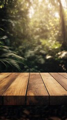 Poster - Serene tropical forest backdrop with a rustic wooden table surface for product display and nature themed designs