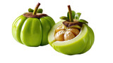 Exotic Garcinia Cambogia: A vibrant and enticing capture showcasing the exotic garcinia cambogia fruit, both whole and halved, revealing its unique interior structure and verdant allure.
