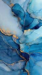 Poster - Captivating Fluid Art with Blue Shades and Golden Accents Evoking Depth and Movement in a Modern Abstract Design for Creative Projects