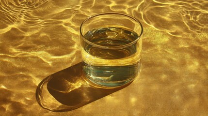 Poster - Glass of Water on Golden Surface with Reflected Light Patterns Creating a Serene and Refreshing Visual Experience Capturing the Essence of Hydration