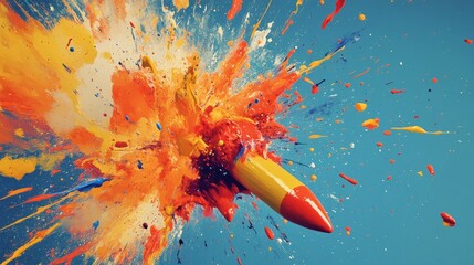 Poster - A paint-splattered explosion from a small rocket, showing an artistic burst of imagination and energy