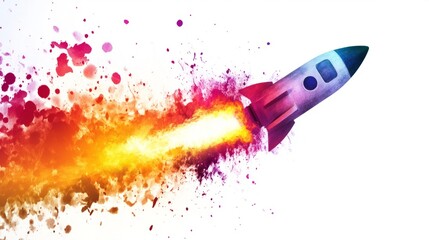 Poster - A space rocket mid-explosion with vibrant paint splashes bursting outward on a clean white background, symbolizing creativity