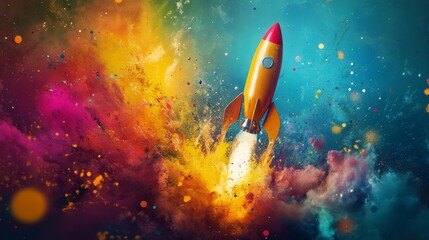 Poster - A symbolic launch of creativity with a rocket erupting in bold paint splashes and creative brushwork