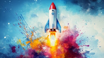 Poster - A symbolic launch of creativity with a rocket erupting in bold paint splashes and creative brushwork