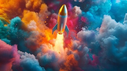 Poster - A vibrant rocket-shaped object breaking into swirling clouds of colored paint in creative motion