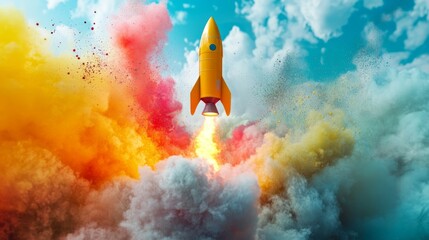 Poster - A vibrant rocket-shaped object breaking into swirling clouds of colored paint in creative motion