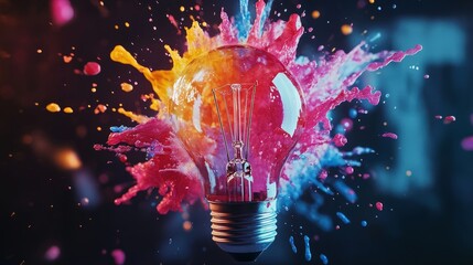 Poster - Abstract concept of an exploding lightbulb with bursts of colorful liquid paint flying in all directions