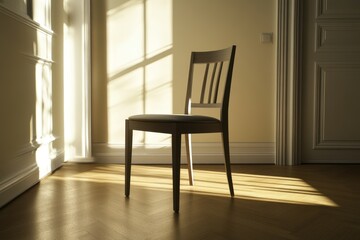 Poster - Light streaming across a solitary chair in a sunlit room during the afternoon