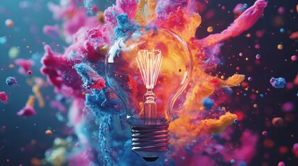 Poster - Abstract concept of an exploding lightbulb with bursts of colorful liquid paint flying in all directions