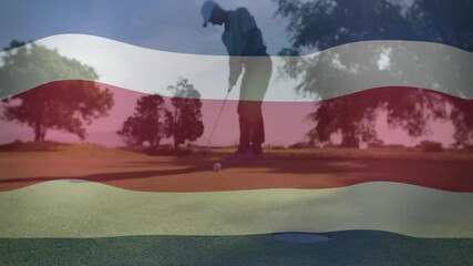 Poster - Golfer lining up putt on putting green with animated color bands visualizing technology data