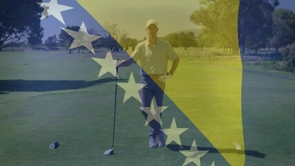Poster - Golfer standing on golf tee box under sunlight, showing animated swing speed graph in sports tech
