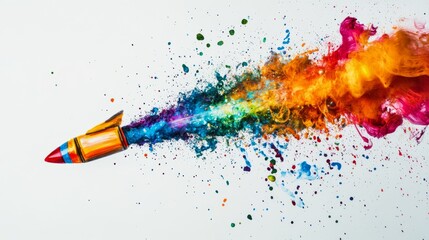 Poster - Abstract concept with a rocket exploding into multicolor inks, splatters frozen in midair over white