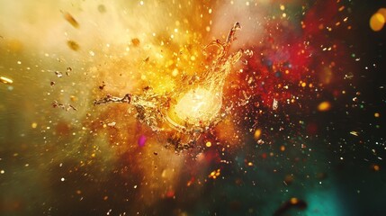 Poster - an explosion of light and color from a bulb, with splashes forming abstract shapes in midair