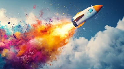 Poster - Artistic concept of a rocket bursting open into colorful paint explosions, representing innovation and wild ideas