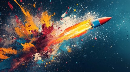 Poster - Artistic scene of a rocket tearing open and releasing bold paint splashes like an abstract firework