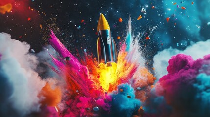Poster - Artistic scene of a rocket tearing open and releasing bold paint splashes like an abstract firework