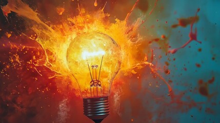 Poster - Conceptual visual of a glowing lightbulb bursting into bright, messy splashes of watercolor-style paint