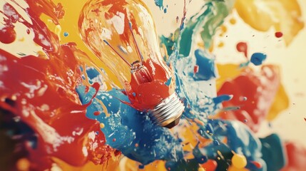 Poster - Creative explosion of a lightbulb releasing bold, multicolored paint in slow-motion style