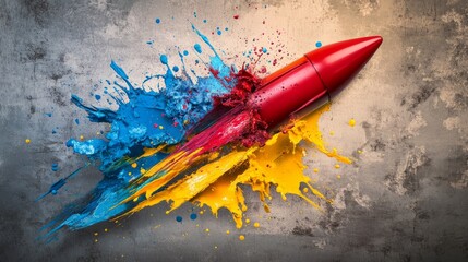 Poster - Creative thinking concept with a rocket shattering into splashes of red, blue, green, and yellow paint
