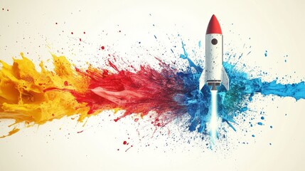 Poster - Creative thinking concept with a rocket shattering into splashes of red, blue, green, and yellow paint