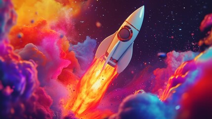 Poster - Rocket mid-air erupting into liquid color explosions, showing a fusion of science and artistic energy