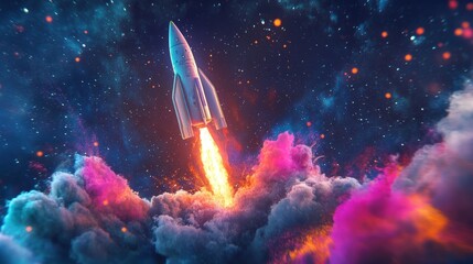 Poster - Rocket mid-air erupting into liquid color explosions, showing a fusion of science and artistic energy