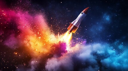 Poster - Rocket mid-air erupting into liquid color explosions, showing a fusion of science and artistic energy