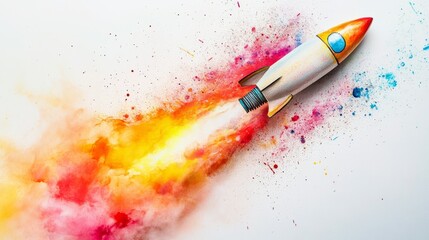 Poster - Space rocket exploding into a vivid storm of neon and watercolor paints on a white backdrop