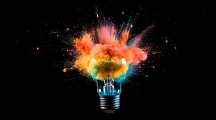 Poster - Symbolic image of an idea burst: lightbulb breaking open with vivid paint explosions