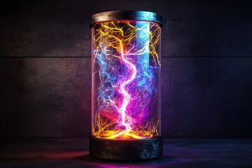 Poster - Vibrant electric energy pulse enclosed in a futuristic glass tube with a metal base