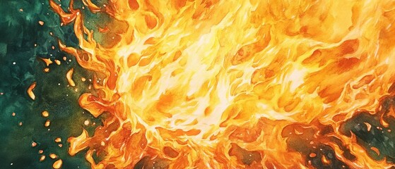 Poster - abstract watercolor painting of fiery explosion with vibrant orange and yellow hues against dark gre