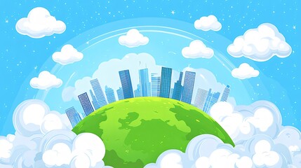 Poster - ピクセルアートの青空に浮かぶ緑の丘にそびえ立つ都市の鮮やかなイラスト