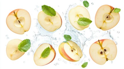 Poster - Fresh apple halves with mint leaves in a dynamic water splash on a clean white background creating a refreshing and vibrant composition for healthy eating