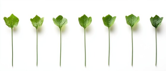 Poster - Seven vibrant green plant sprouts on a clean white background in a minimalist botanical arrangement studio shot for organic concepts