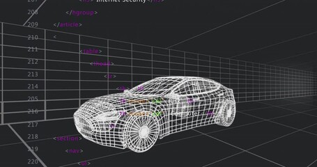 Poster - White wireframe car model rotating on perspective grid floor, showing colored HTML code overlay