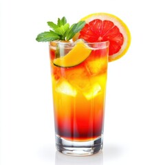 Poster - Refreshing tequila sunrise cocktail in tall glass with grapefruit slice and mint leaves on white background studio shot