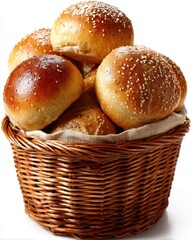 Poster - Golden brown buns with sesame seeds in a rustic wicker basket on a white background perfect for breakfast or snack food photography