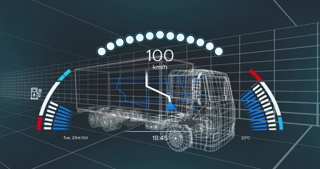 Poster - Wireframe semi-truck model spinning inside virtual chamber, displaying speed and temperature gauges