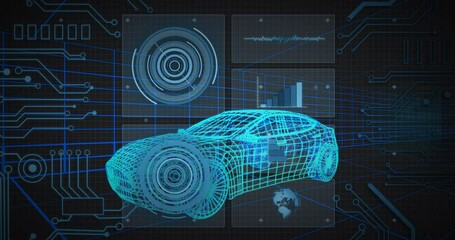 Poster - Neon?blue wireframe 3D car model floating on dark grid, with HUD graphics and glowing circuitry